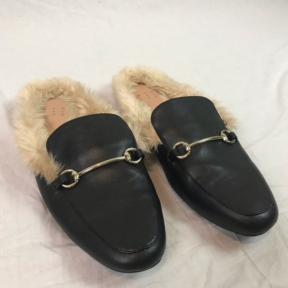 black faux fur mules